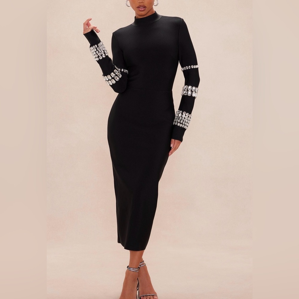 Elegant Black Dress with Embellished Sleeves